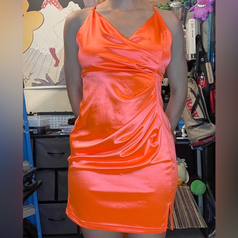 Satin Mini Dress Neon Orange